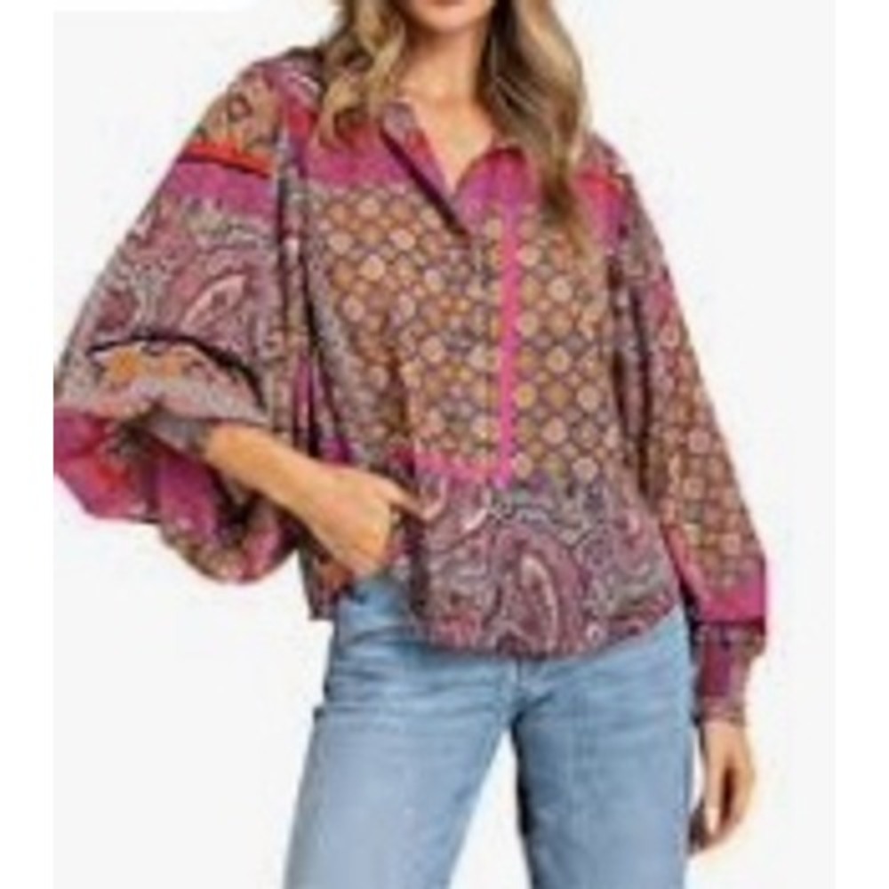 ee:some Paisley Mixed Print Blouse Women Large Pink Boho Smocked Cuff